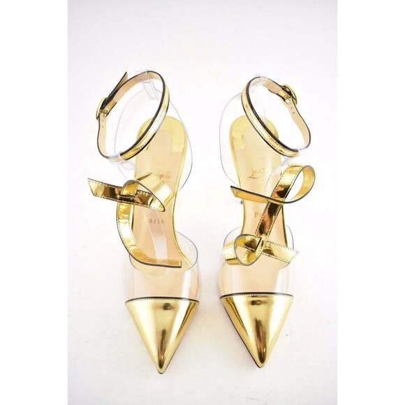 Christian Louboutin Alta Firma 100 Gold PVC T Strap Ankle Heel Sandal Pump 35 - Picture 8 of 12